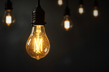 Poster - Illuminated vintage light bulb with glowing filament on dark background.