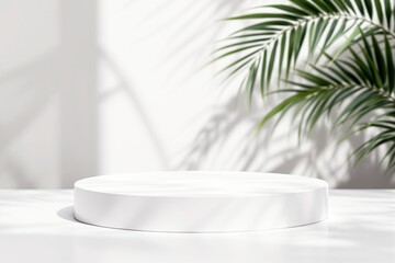 Poster - White round podium on a clean surface with tropical palm shadows in soft sunlight.