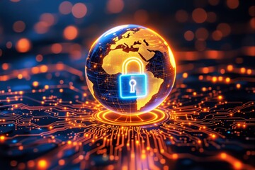 Poster - Digital globe with cybersecurity lock on futuristic circuit background.
