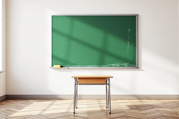 Poster - Empty classroom with green chalkboard and single desk in sunlight.
