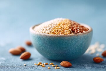 Poster - bowl of colorful mixed grains and cereal takes center stage on kitchen table