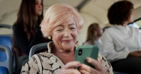 Poster - Bus, senior woman and smile with smartphone for communication, travel map and chat with contact. Public transport, elderly person and passenger with mobile for location, commute and message in London