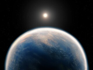 Wall Mural - exoplanet with atmosphere, super-earth similar to earth. surface of alien planet in starlight. possi
