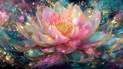Poster - Enchanting and Colorful Lotus Flower in Vibrant Abstract Background with Sparkling Effects : Generative AI