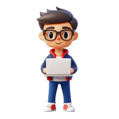 Poster - cute cartoon character with laptop working in a cozy environment during daytime, 3d cartoon characte