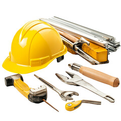 Poster - Construction tools and a safety helmet arranged neatly on a table with a transparent background showcasing essential equipment for building projects, Construction tools with safety helmet