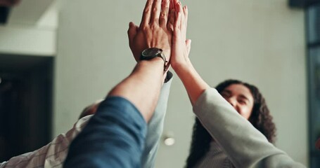 Aufkleber - High five, hands and team with support in office for company success, solidarity and business people for unity. Achievement, collaboration and corporate community with celebration or motivation