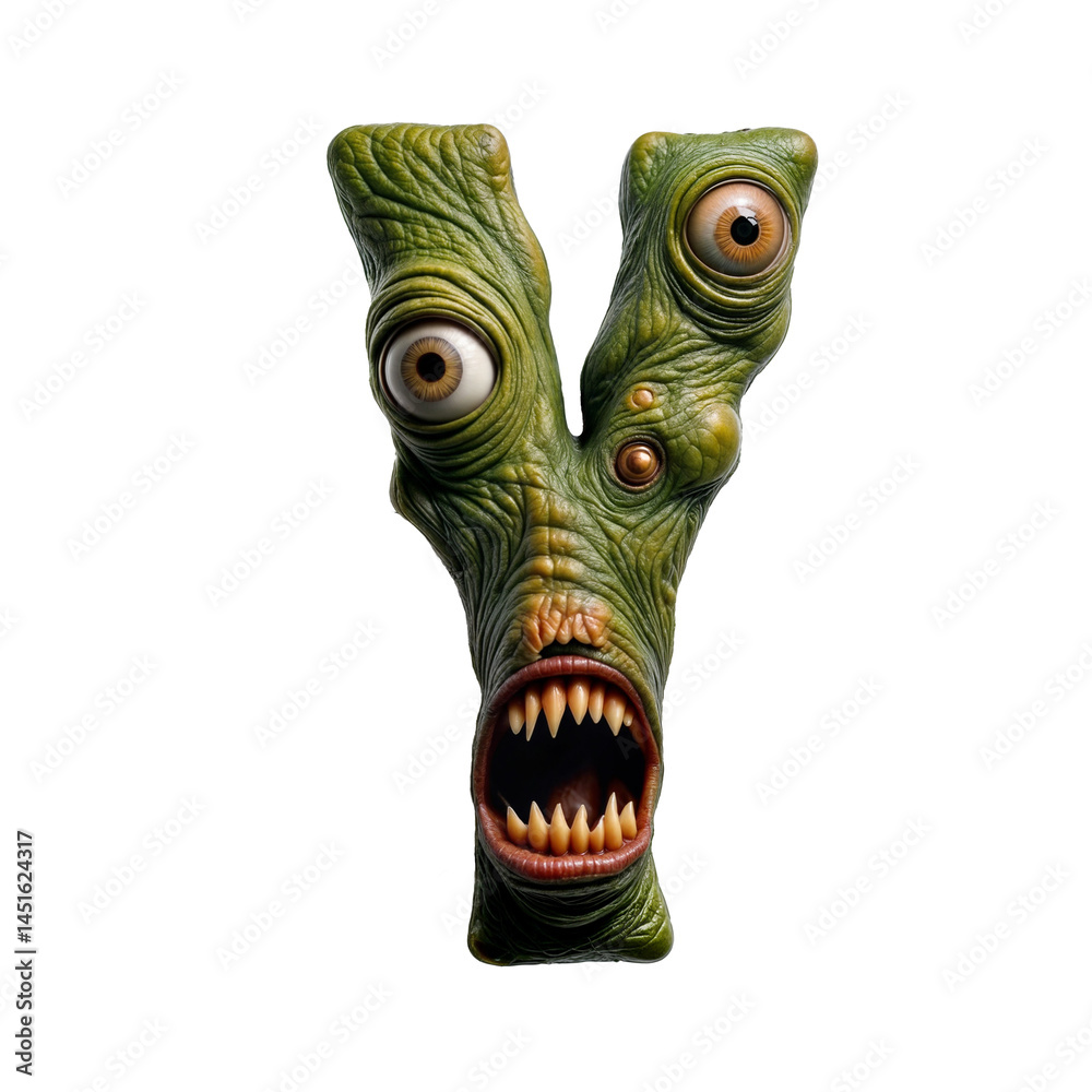 Evil Y Example Letter Y as a monstrous, creepy figure with slimy green skin, bulging ...