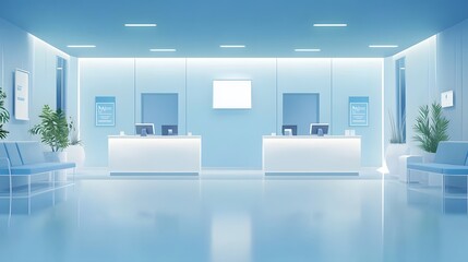 Aufkleber - Clean and bright vector layout of corporate clinic showing check-in and health stations, soft blue theme, cinematic scene