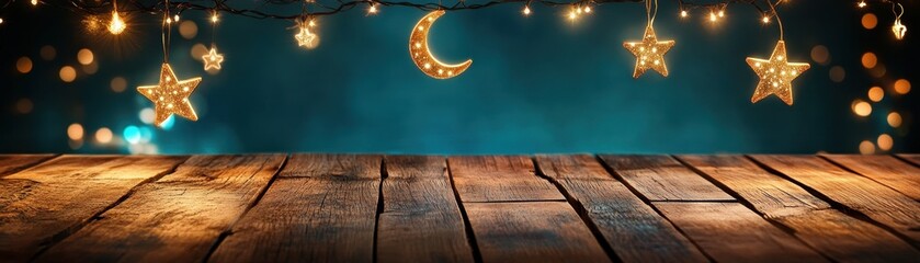 Poster - Golden Stars and Moon on Rustic Wooden Table with Warm Bokeh Lights Against Teal Background for Christmas Celebration and Holiday Decoration with Empty Space