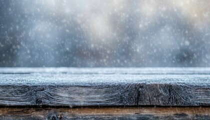 Poster - Icy Wood Table Texture Against a Blurred Snowy Backdrop Featuring Falling Snowflakes and a Cold Winter Atmosphere with Natural Wooden Grain Detail