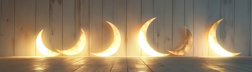 Poster - Illuminated Moon Phase Cycle Against Rustic White Wooden Wall Texture Showing Waxing Gibbous and Crescent Stages in Dramatic Lighting