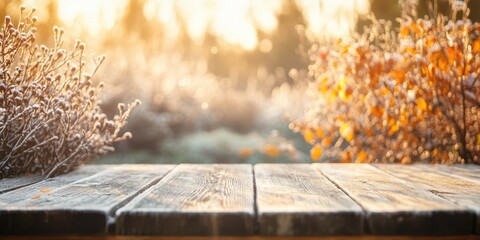 Aufkleber - Icy Wooden Table with Winter Frost and Sunlight in a Scenic Landscape Featuring Detailed Textures and Frozen Plants Under Clear Sky with Soft Bokeh Effect