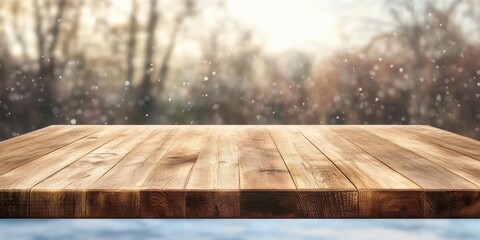Poster - Rustic Wooden Table Surface with Falling Snow and Blurred Forest Background in Winter Season Displaying an Empty Space for Festive Decoration on a Snowy Countryside Scene