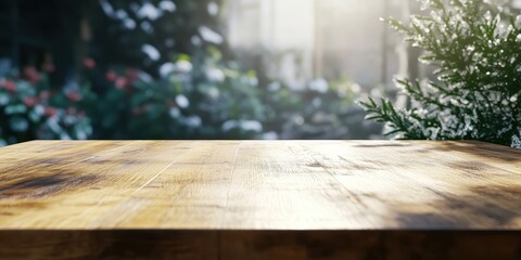 Poster - Rustic Wooden Tabletop Against Blurred Green Foliage Background in Bright Sunlight with Green Plant in Corner Spring or Summer Outdoor Setting