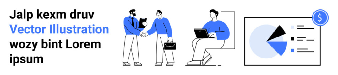 Poster - two men shaking hands, one seated working on a laptop, pie chart projection with dollar focus. ideal