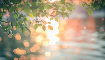 Poster - Sunlit Bokeh Reflecting on Water with Green Leaves Overhanging in a Peaceful and Dreamlike Natural Outdoor Setting