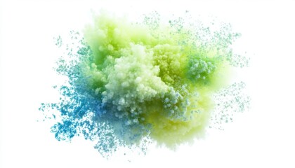 Fototapete - Vibrant Color Powder Explosion on White Backdrop Featuring Dynamic Green Blue and Yellow Dust Cloud Abstract Artistic Design Element
