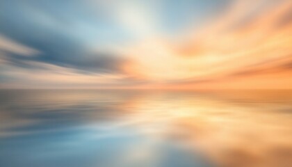 Aufkleber - Warm Sky and Ocean Scene at Sunset with Smooth Water Surface and Motion Blur Effect Featuring Orange Blue and Yellow Color Palette