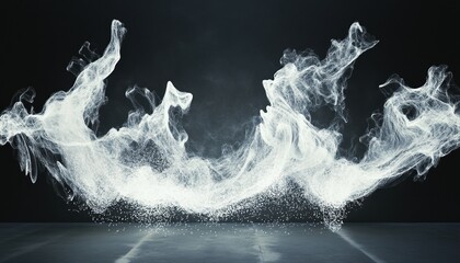 Poster - Abstract White Particle Splash on Gray Surface with Dark Background in a Studio Environment Digital Rendering with a Sense of Flowing Motion