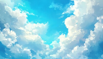 Poster - Artistic Sky View Featuring Bright Blue Sky and Fluffy White Clouds During Sunny Day with Dreamy Watercolor Texture
