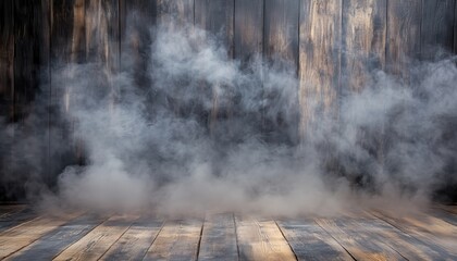 Poster - Atmospheric White Smoke on a Distressed Wooden Plank Floor and Wall in a Dark Room Creating a Mysterious Vaporous Scene