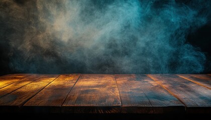 Poster - Dramatic Blue and Gold Powder Dusting on Wooden Table Against Black Background for Artistic Effect with Moody Lighting