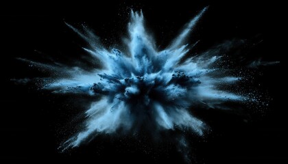 Poster - Dramatic Light Blue Powder Explosion Against a Black Background with a Swirling and Dynamic Motion in a Studio Setting