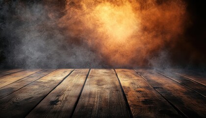 Poster - Dramatic Lighting with Smoke and Wooden Planks Texture Rich Dark Brown Surface and Vintage Style Backdrop
