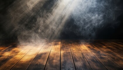 Poster - Dramatic Smoky Background with Wooden Floor Featuring Atmospheric Fog and Abstract Design with Spotlight on Dark Texture