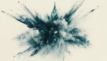 Poster - Dynamic Turquoise Powder Explosion Against a White Background Vibrant Burst of Colored Particles Abstract and Artistic Design with Motion and Impact