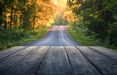 Poster - Empty Wooden Table Overlooking a Forest Road at Sunset Scenery of a Forest Road Leading Through Green Trees with Golden Sunlight Shining Creating a Scenic Background for Product Placement
