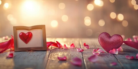 Aufkleber - Festive Hearts and Rose Petals on Wooden Table with Bokeh Lights Valentines Day Decorations Romance and Affection with Pink Petals and Decorative Shiny Heart Elements