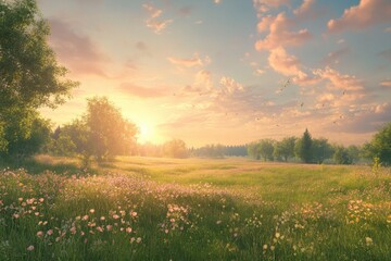 Poster - Sunlit Meadow with Wildflowers at Sunset Golden Sky and Lush Green Trees Creating a Tranquil and Scenic Landscape in a Peaceful Countryside Setting