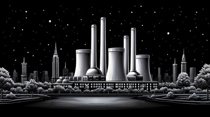 Wall Mural - nightfall over the metropolis: a power plant's silhouette against the city skyline