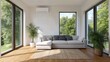 © Sawyer0 - A modern air conditioning unit cools a stylish living room as sunlight pours through large windows, combining comfort, design, and energy efficiency.