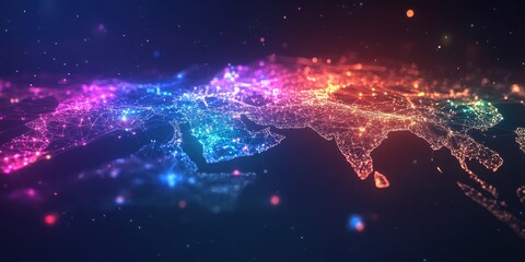 Leinwandbilder - Abstract Asian Continent Map Glowing with Neon Lights Illustrating Connectivity and Urban Data Networks on a Dark Background Featuring Major Cities and Geographical Details