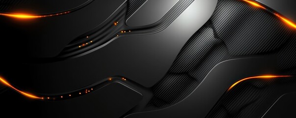 Poster - Abstract Dark Background with Dynamic Geometric Lines and Glowing Accents in Black and Orange Ideal for Modern Designs and Technological Visuals