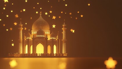 Poster - Glowing Golden Mosque Silhouette with Starry Garland on Dark Background Symbolic of Islamic Celebration and Architecture