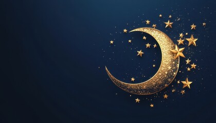 Poster - Golden Crescent Moon and Starry Glitter on a Dark Blue Night Sky Background Celebration Islamic Ramadan or Eid Festive Ornament Decoration