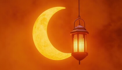 Poster - Golden Lantern with Crescent Moon on Dark Orange Sky Celebrating Islamic Holiday of Ramadan Featuring Intricate Designs and Warm Glowing Light for Traditional Festive Vibe