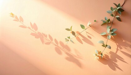 Poster - Delicate greenery casting shadows on soft peach wall indoor photography minimalist aesthetic natural light artistic perspective