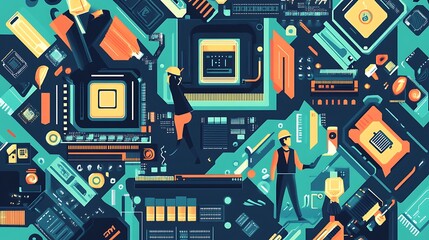 Tech Workers with Abstract Design.