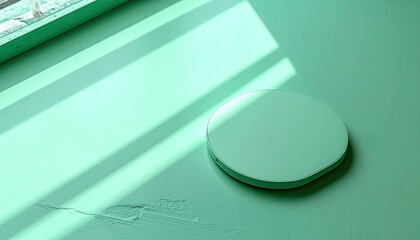Poster - Abstract minimalist scene of circular object on green surface with natural light indoor space photographic art