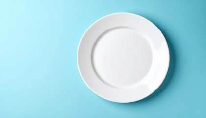Poster - Empty white plate on light blue background food photography minimalist style simple aesthetic
