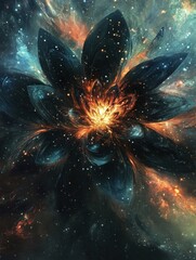 a cosmic flower with shimmering black petals and a glowing nebula core