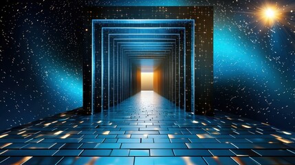 Poster - Abstract blue background with scattered small squares and crosses creating a digital grid