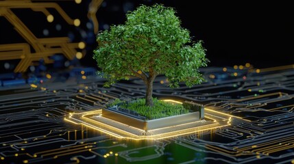 Poster - Conceptual tree rising from a printed circuit board symbolizing nature and innovation