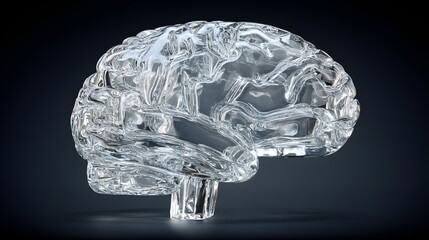 Poster - a highly detailed realistic 3D render of a brain form made entirely from clear transparent glass, showing intricate folds and subtle fiber-like pathways with no color at all, ultra-polished smooth