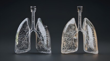 Poster - a highly detailed realistic 3D render of a pair of lungs made entirely from clear transparent glass, showing branching tree-like structures and thin air channels with no color at all, ultra-polished